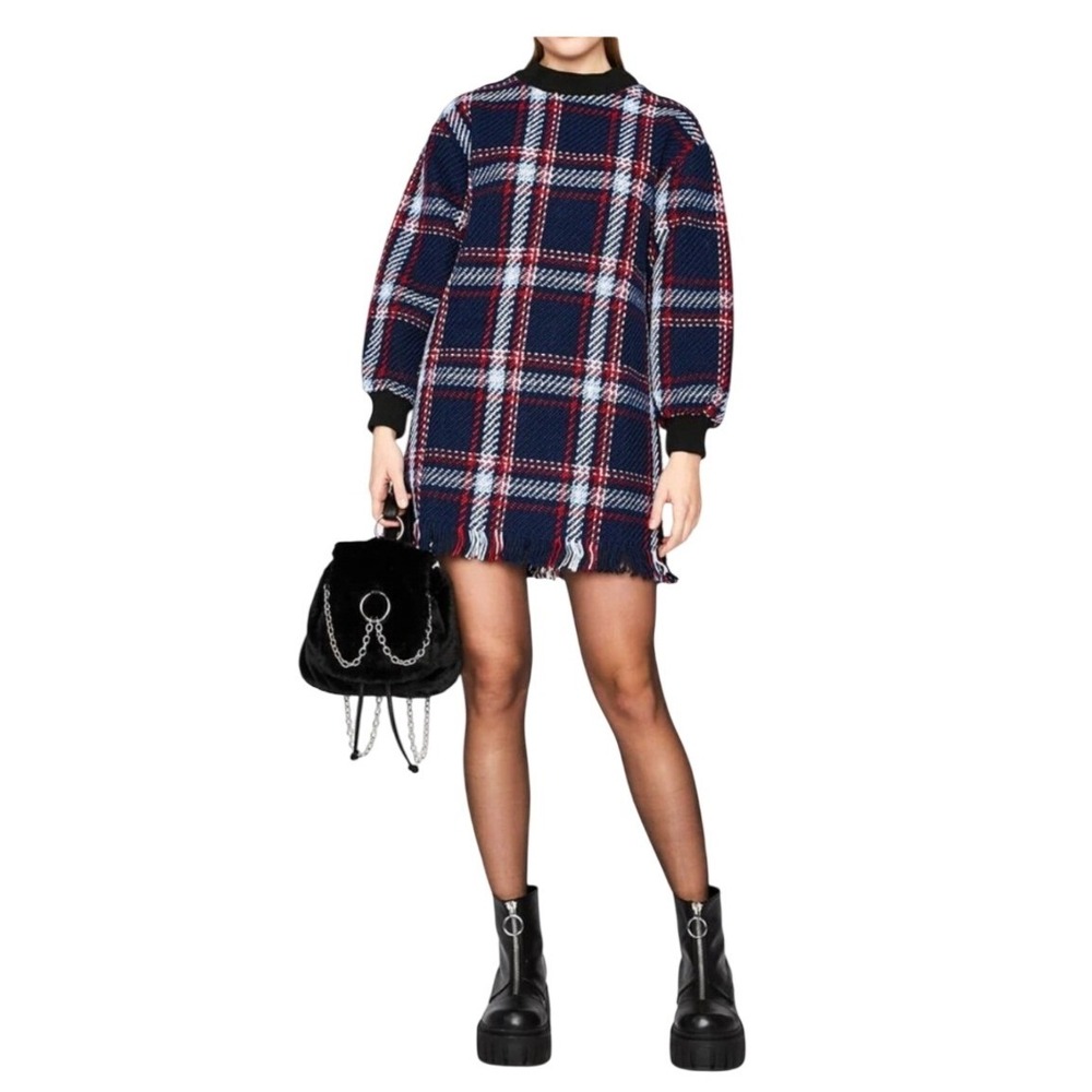 JOA NWT SZ SM Plaid Tassel Sweater Dress Mock Neck Long Sleeve‎